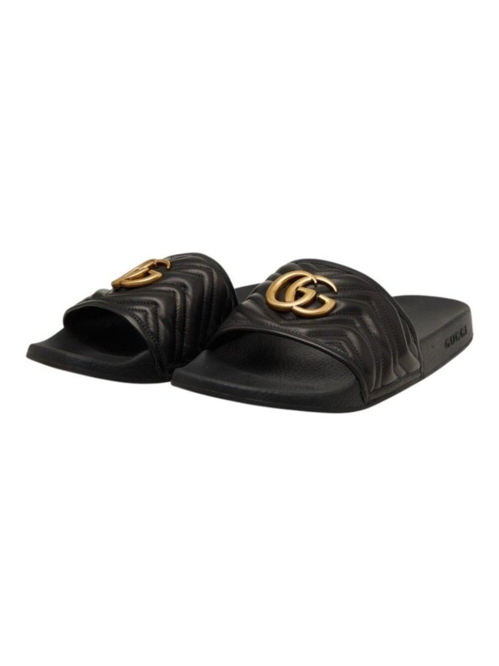 Gucci GG Marmont Shower Sandals Flat Black Leather Rubber